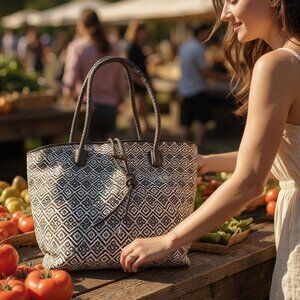 🖤 Neiman Marcus Black & Cream Woven Tote Bag | Boho Chic Oversized Shoulder Bag